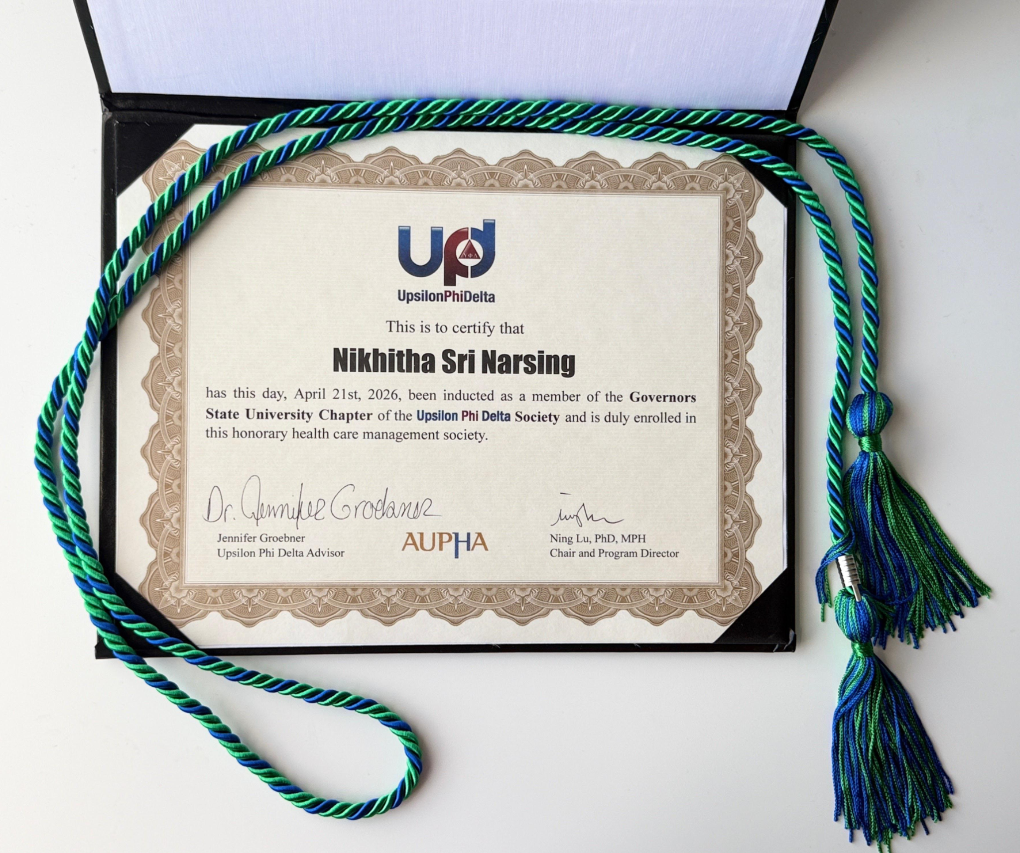 UPD Honor Society membership certificate